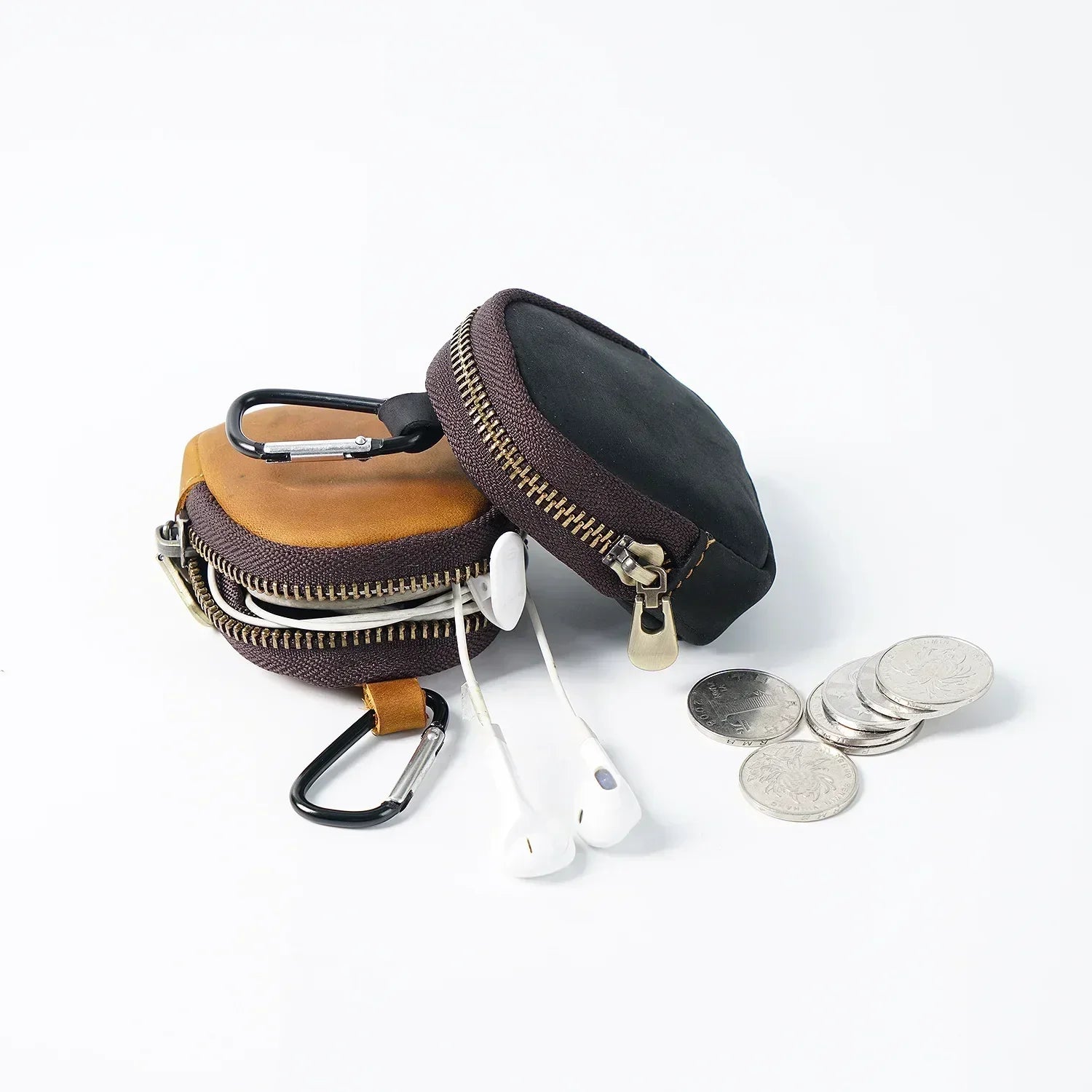 Men’s Leather Key Holder - Zip Coin Pouch with Carabiner
