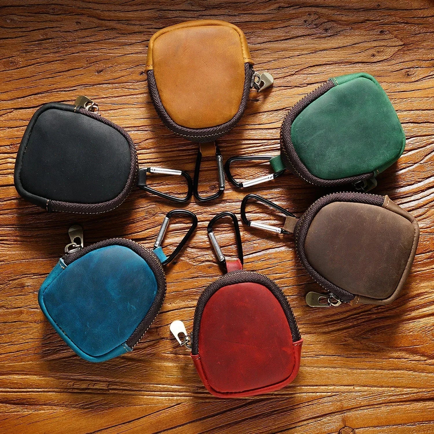 Men’s Leather Key Holder - Zip Coin Pouch with Carabiner