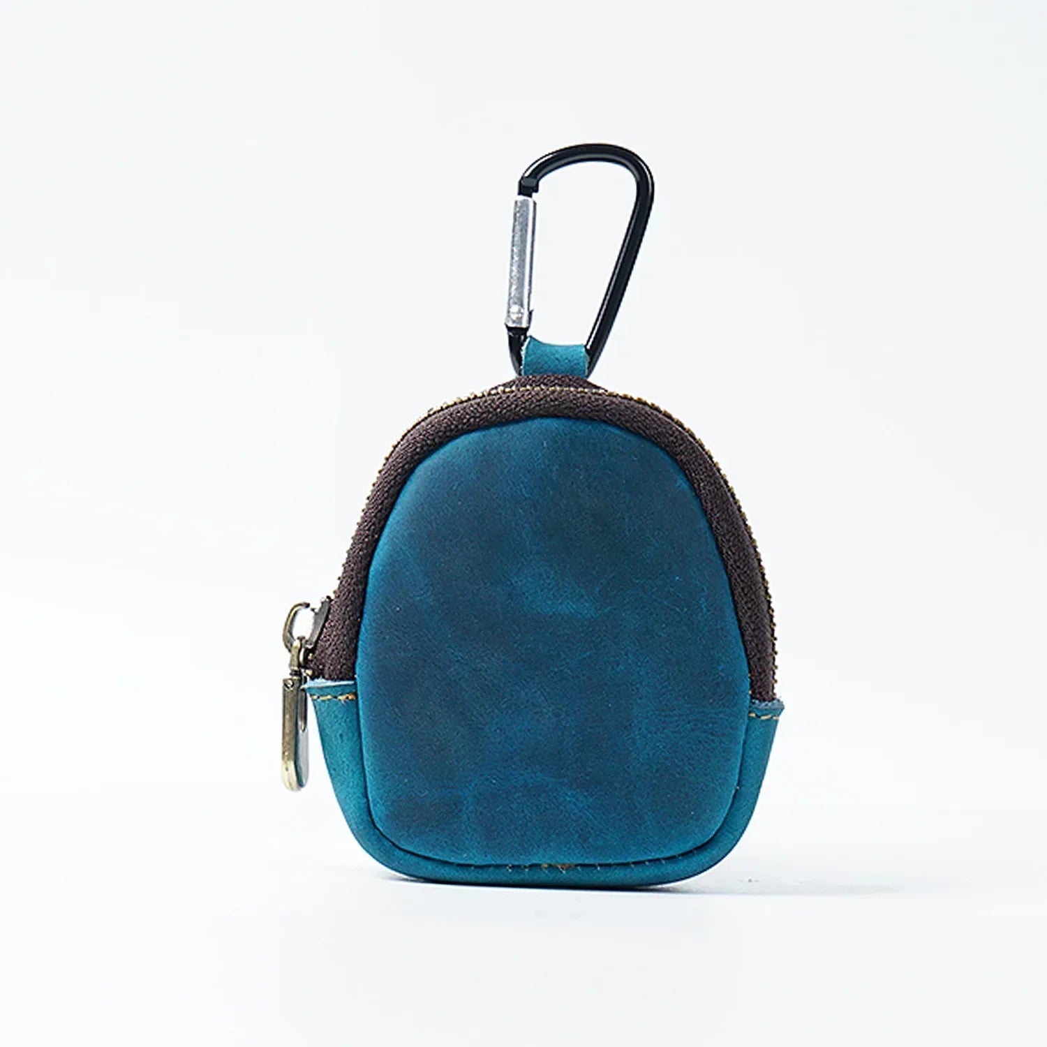 Men’s Leather Key Holder - Zip Coin Pouch with Carabiner - Blue