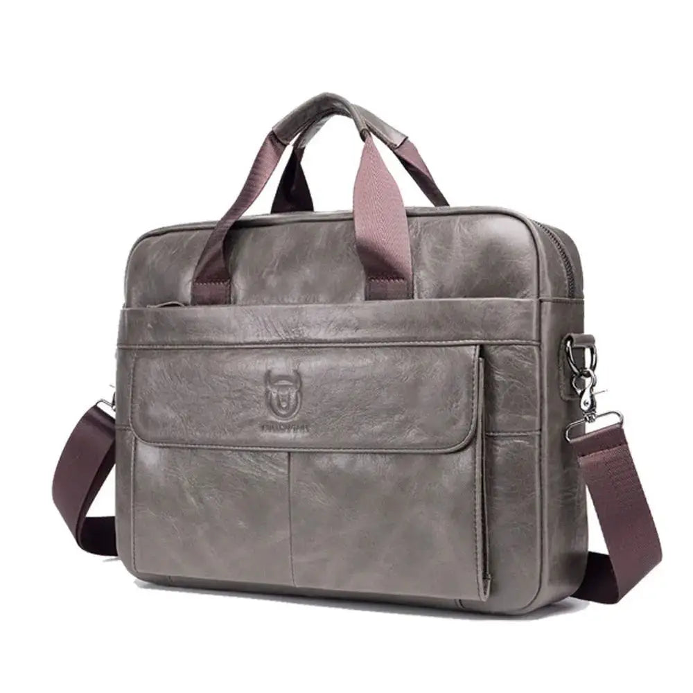 Men’s Leather Laptop Briefcase – 14 Inch Slim Business Bag with Flap Pocket - Grey