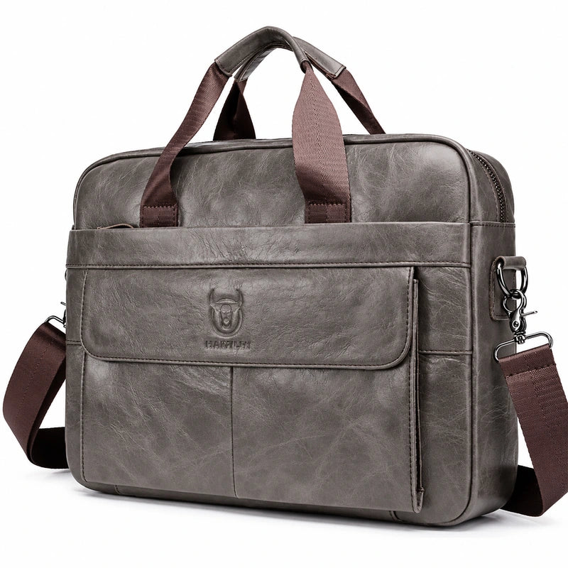 Men’s Leather Laptop Briefcase – 14 Inch Slim Business Bag with Flap Pocket - Gray