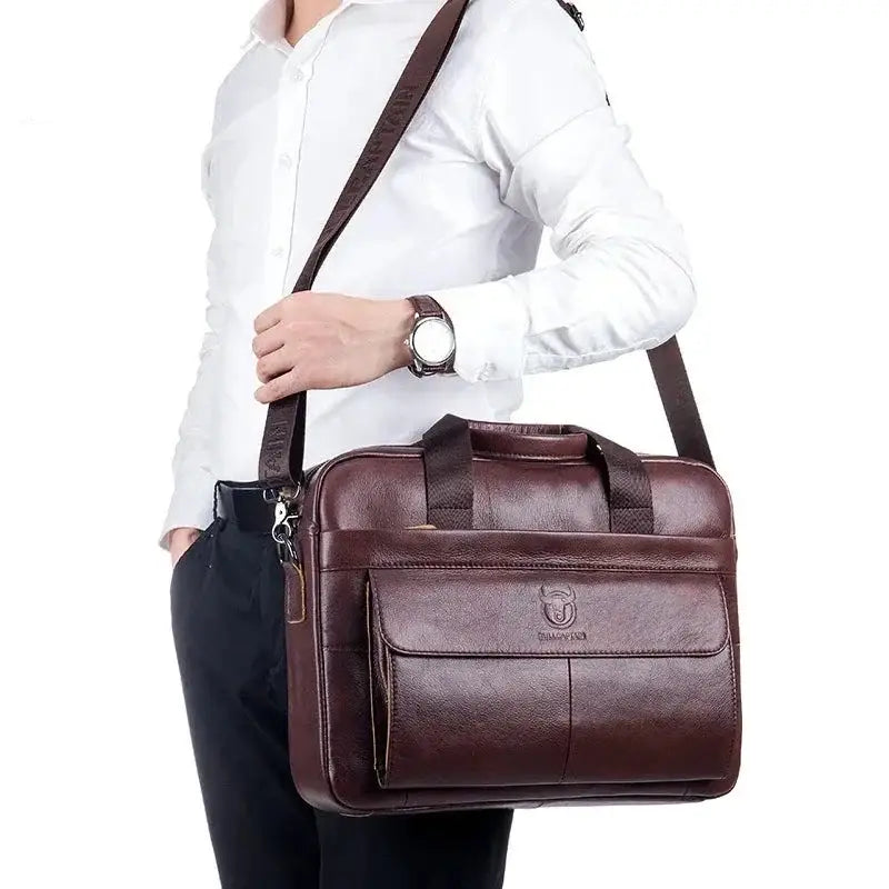 Men’s Leather Laptop Briefcase – 14 Inch Slim Business Bag with Flap Pocket
