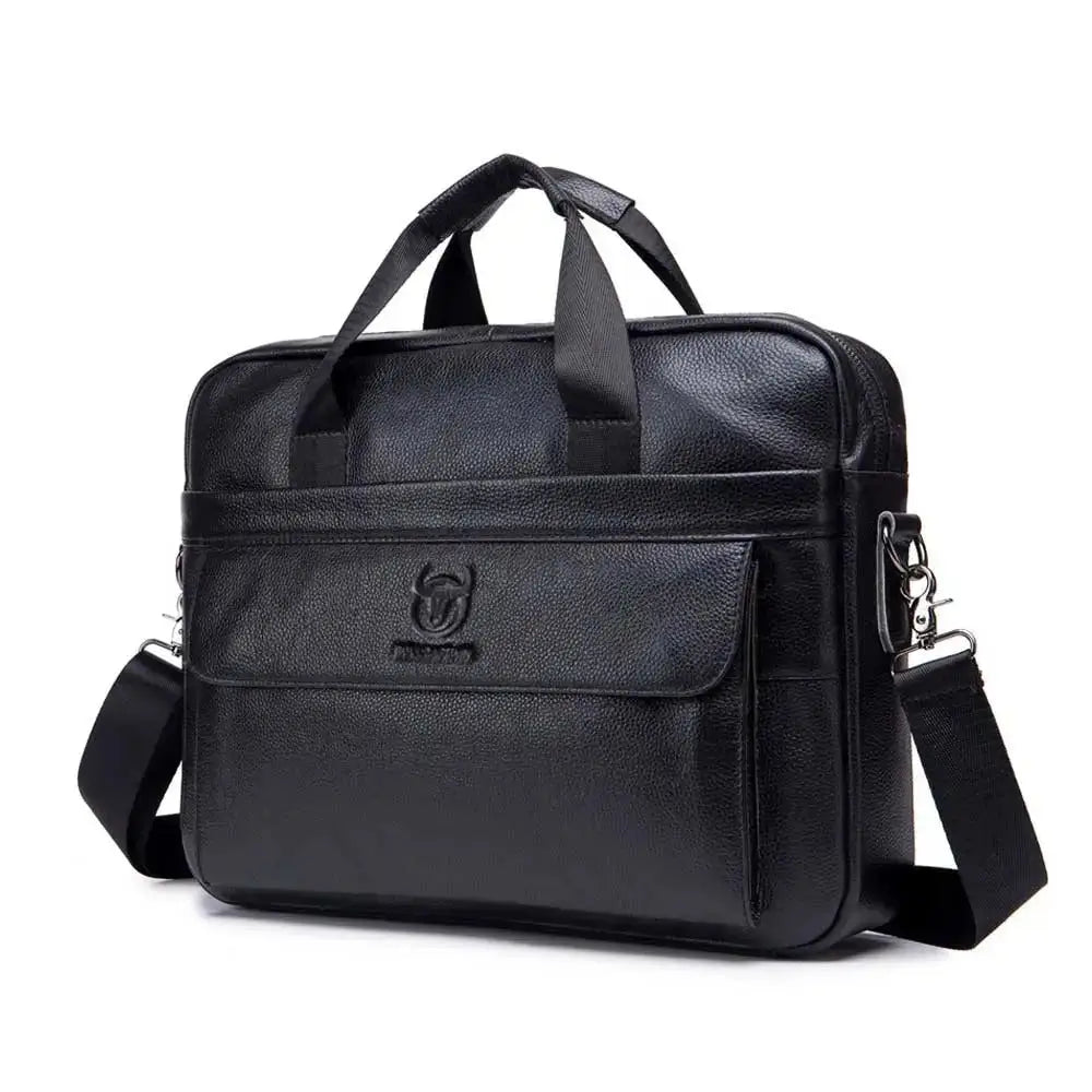 Men’s Leather Laptop Briefcase – 14 Inch Slim Business Bag with Flap Pocket - Black