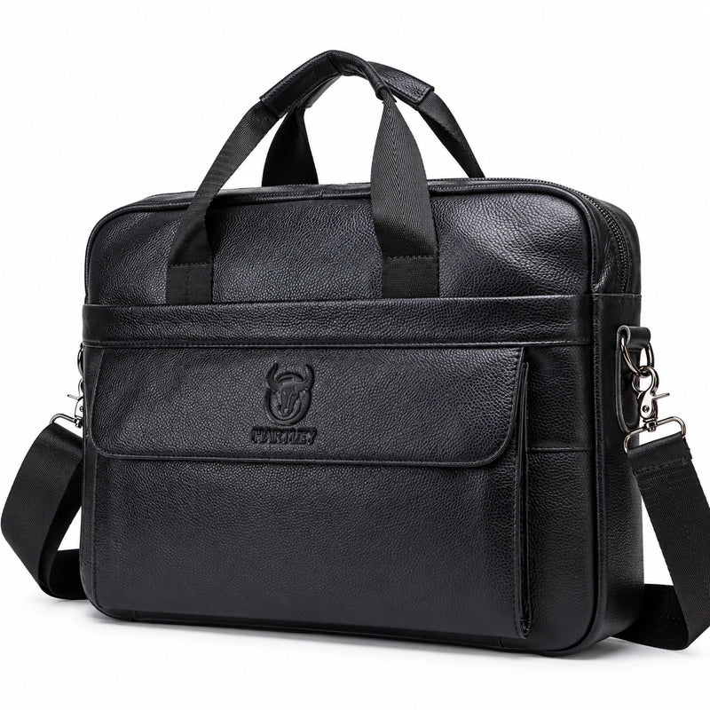 Men’s Leather Laptop Briefcase – 14 Inch Slim Business Bag with Flap Pocket - Black