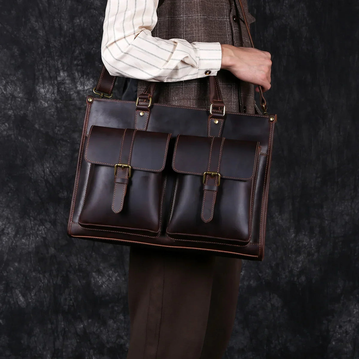 Men’s Leather Laptop Briefcase - Buckled Front Pockets Zip Top
