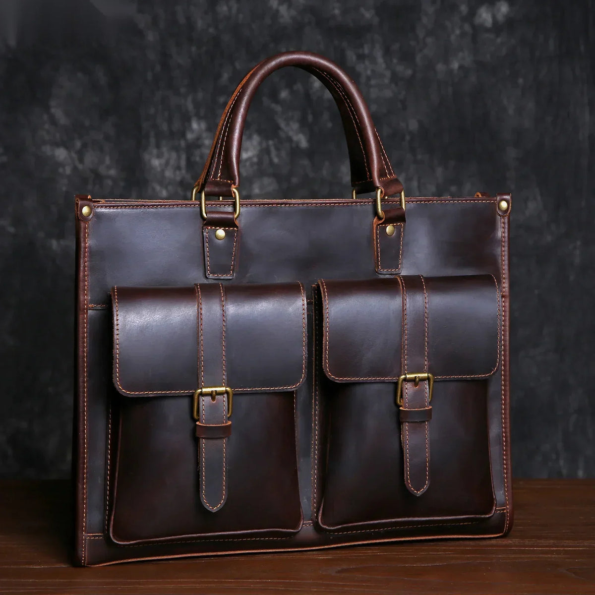 Men’s Leather Laptop Briefcase - Buckled Front Pockets Zip Top