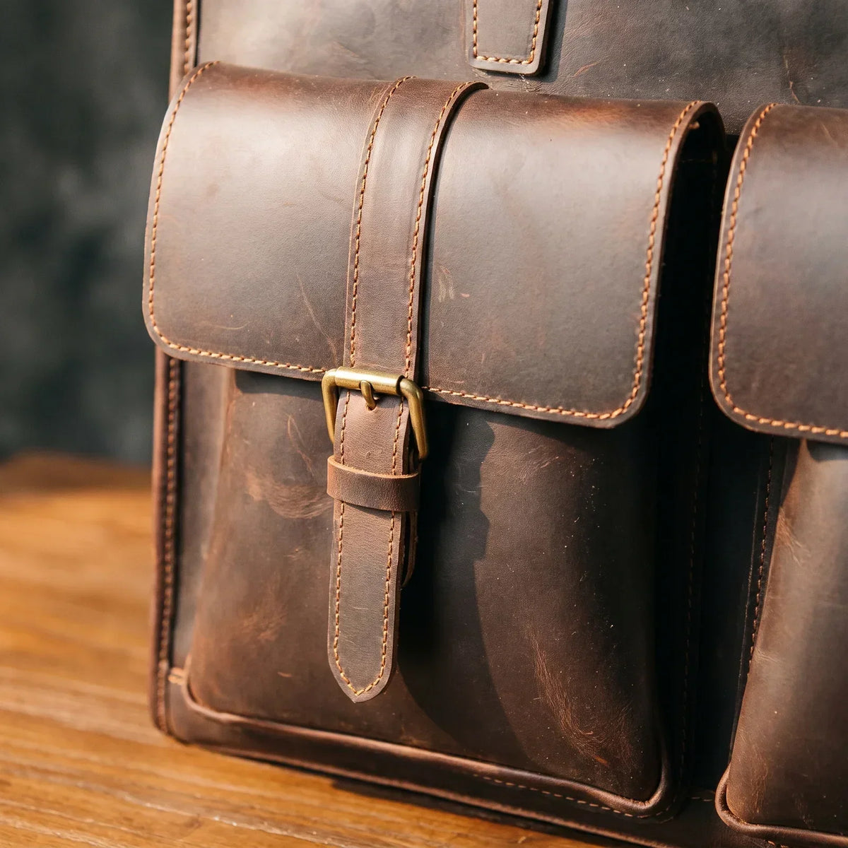 Men’s Leather Laptop Briefcase - Buckled Front Pockets Zip Top