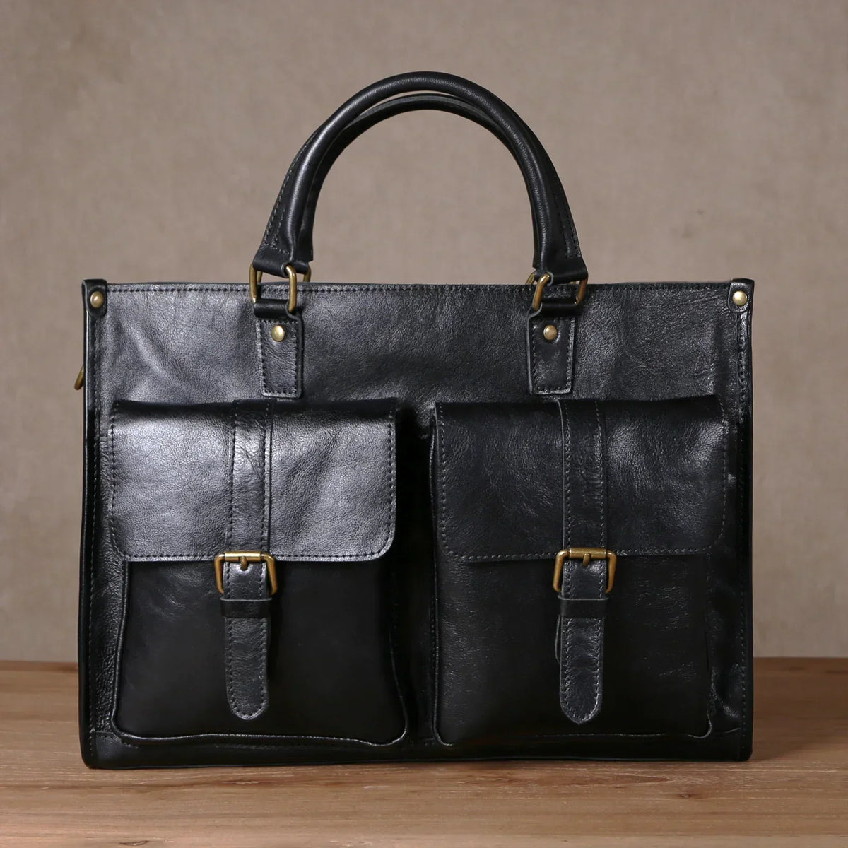 Men’s Leather Laptop Briefcase - Buckled Front Pockets Zip Top - Black