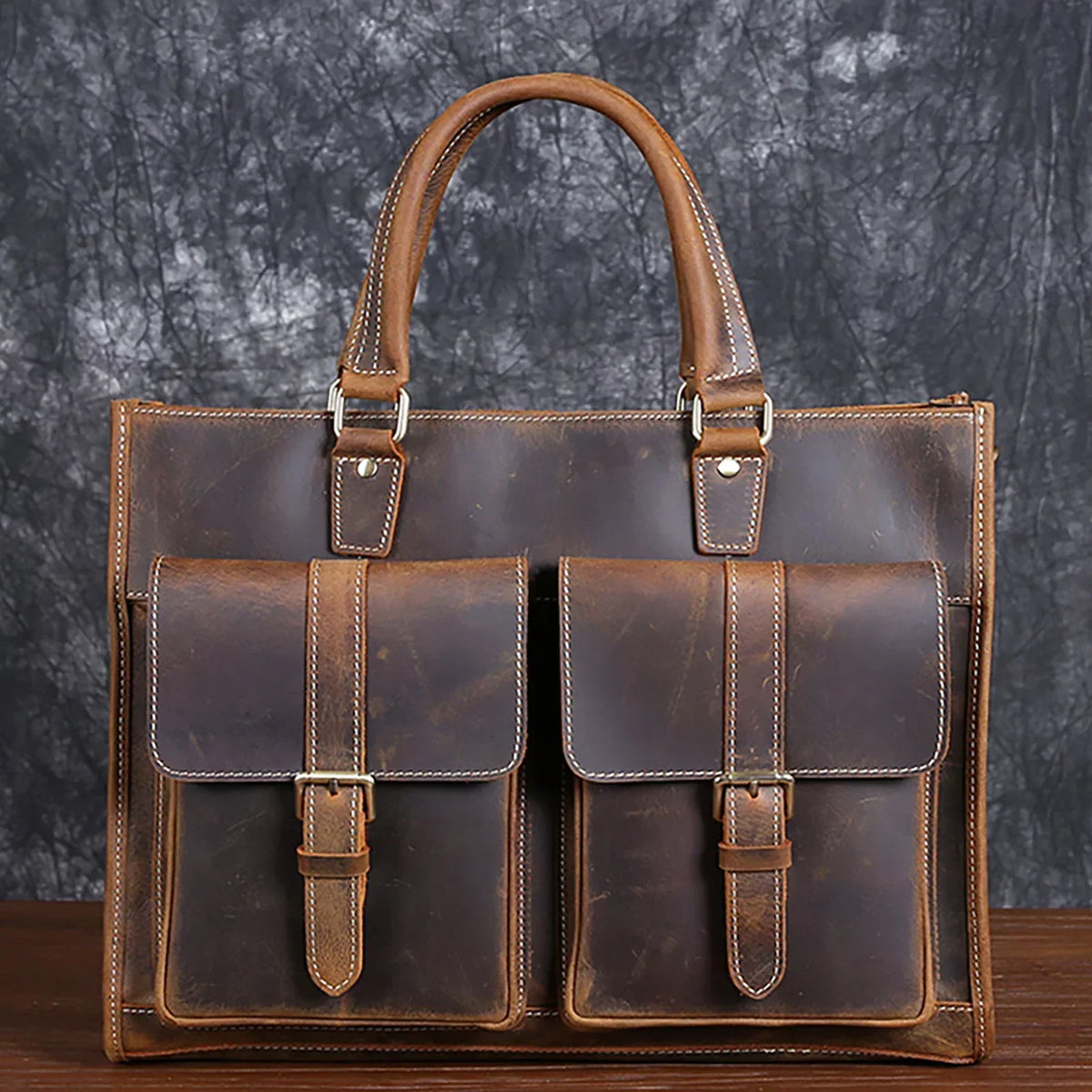 Men’s Leather Laptop Briefcase - Buckled Front Pockets Zip Top - Brown