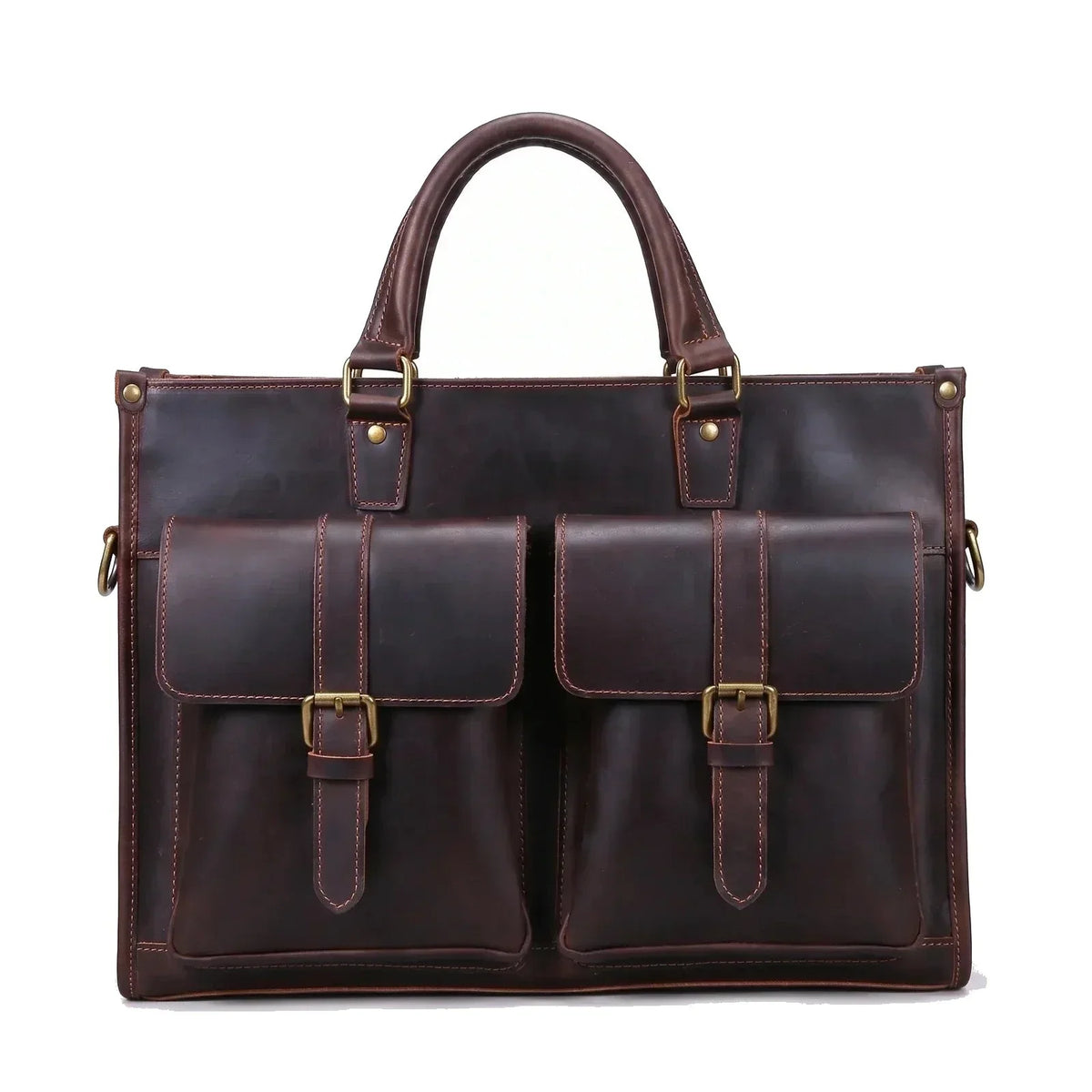 Men’s Leather Laptop Briefcase - Buckled Front Pockets Zip Top - Dark Brown