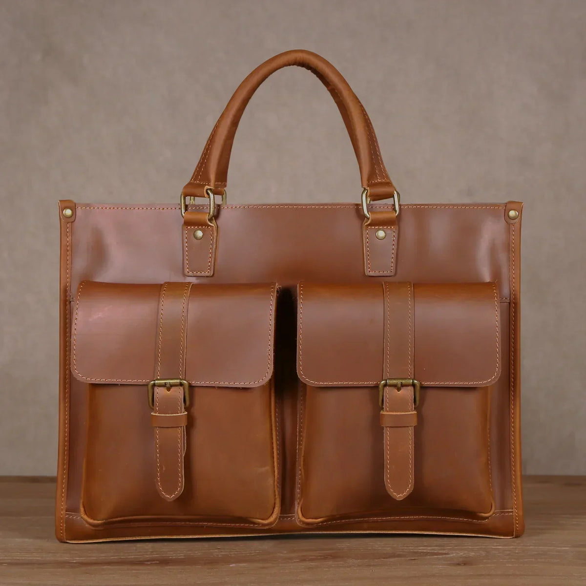 Men’s Leather Laptop Briefcase - Buckled Front Pockets Zip Top - Tan