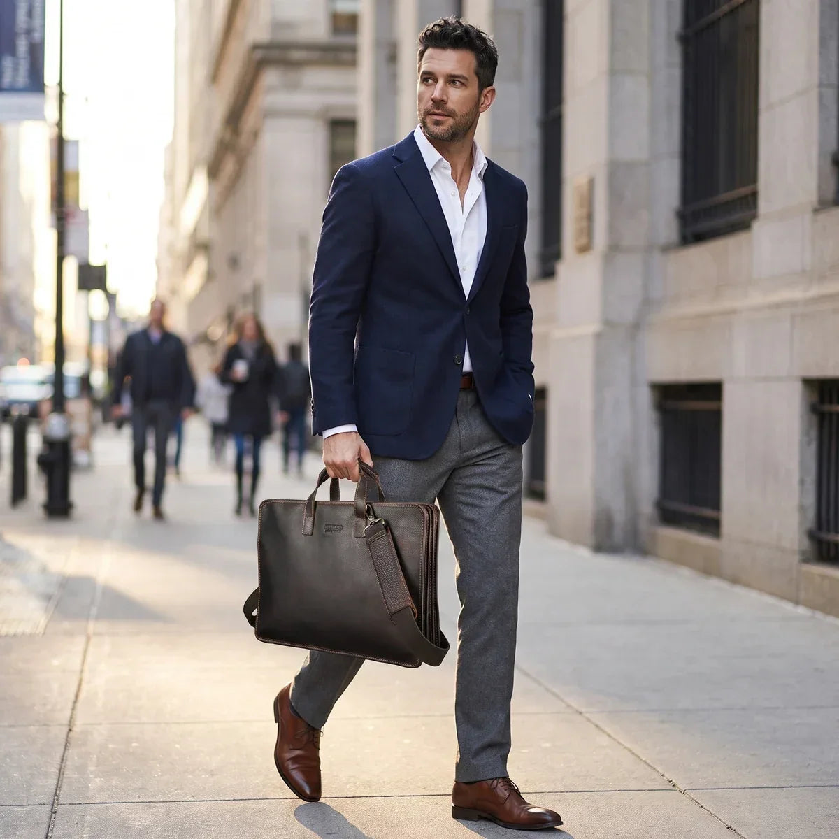 Men’s Leather Laptop Briefcase with 3 Zip Compartments for Work - Coffee