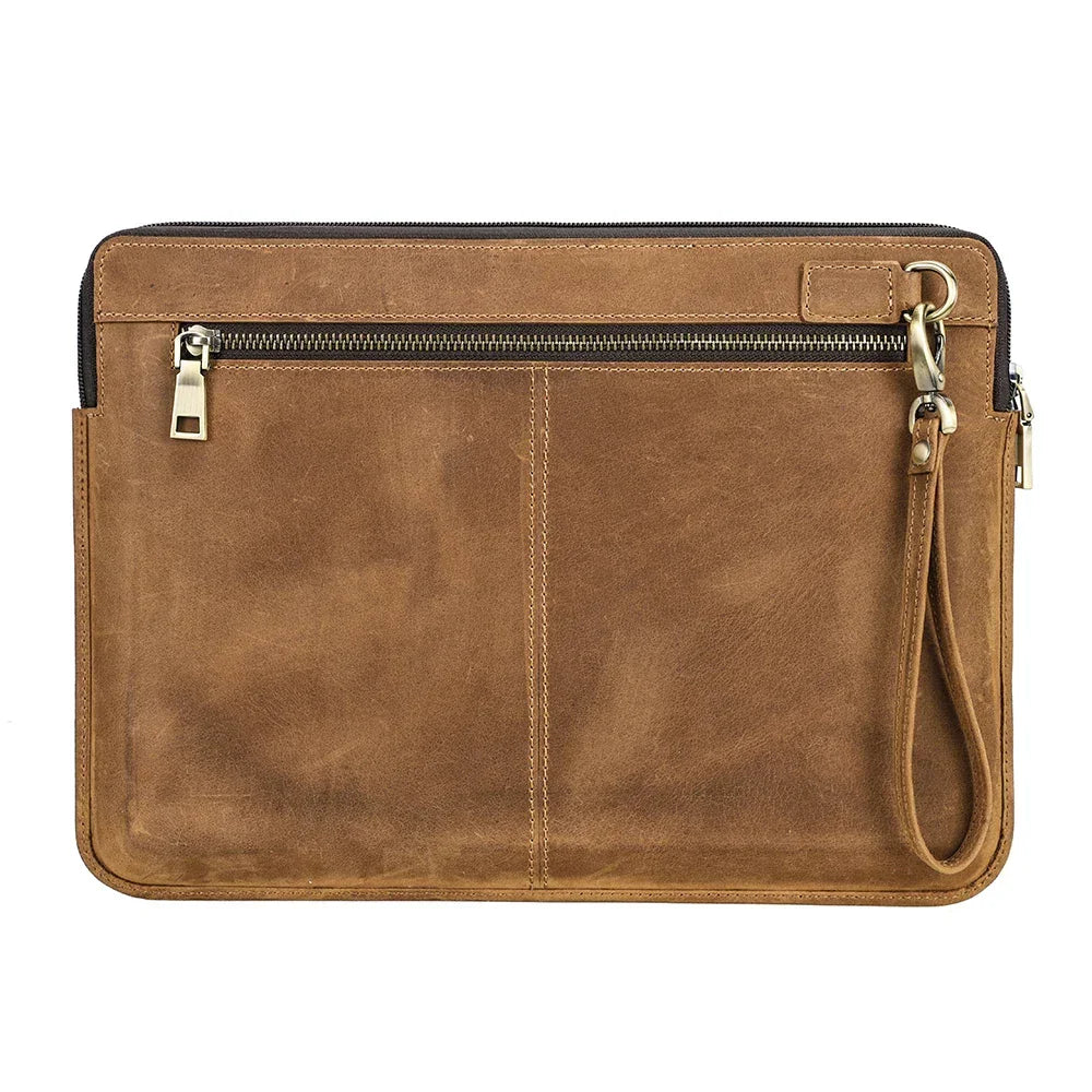 Men’s Leather Laptop Sleeve - Zip Case with Wrist Strap - Brown / 13.3 inch case