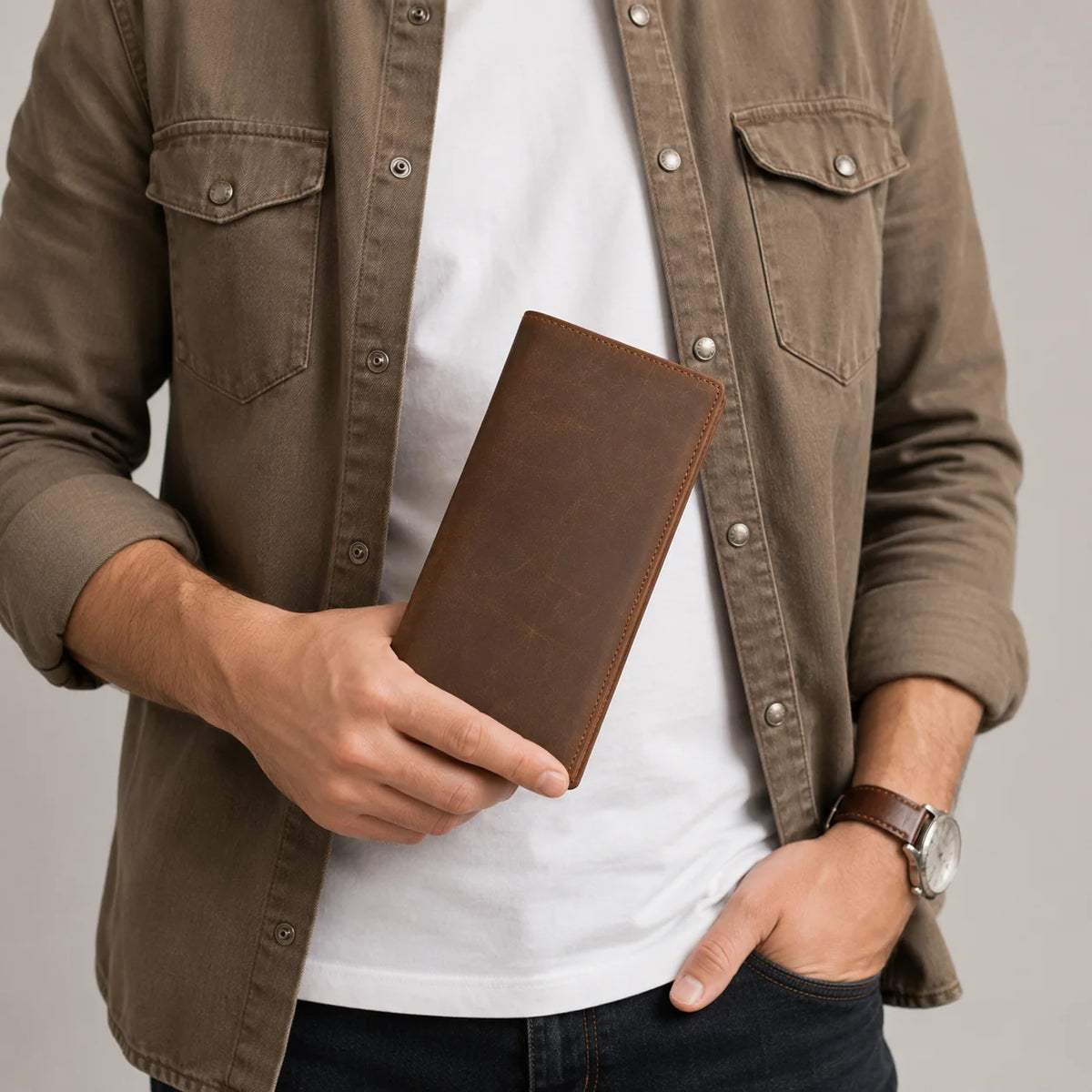 Men’s Leather Long Wallet - Multi-Card Zip Organizer - Brown
