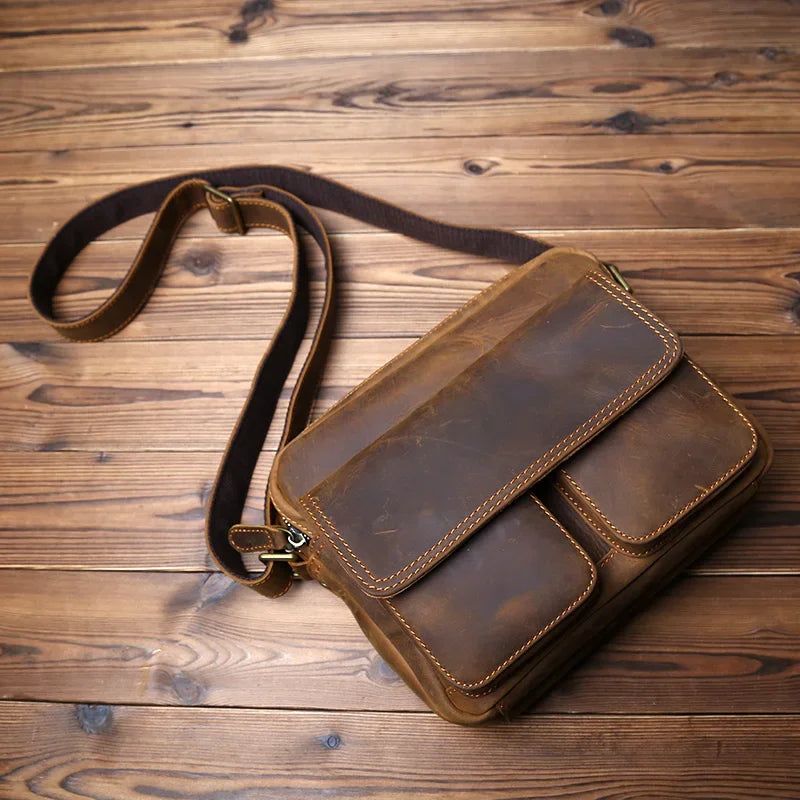 Men’s Leather Messenger Bag - Crazy Horse Multi-Pocket Carry