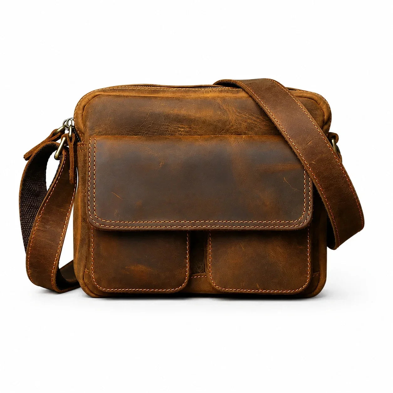 Men’s Leather Messenger Bag - Crazy Horse Multi-Pocket Carry - Brown