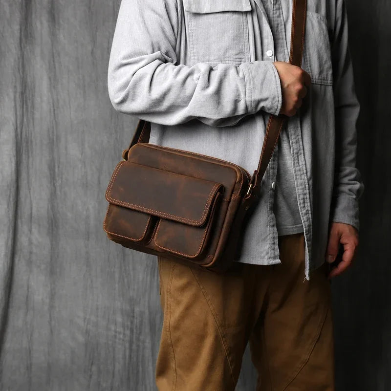 Men’s Leather Messenger Bag - Crazy Horse Multi-Pocket Carry