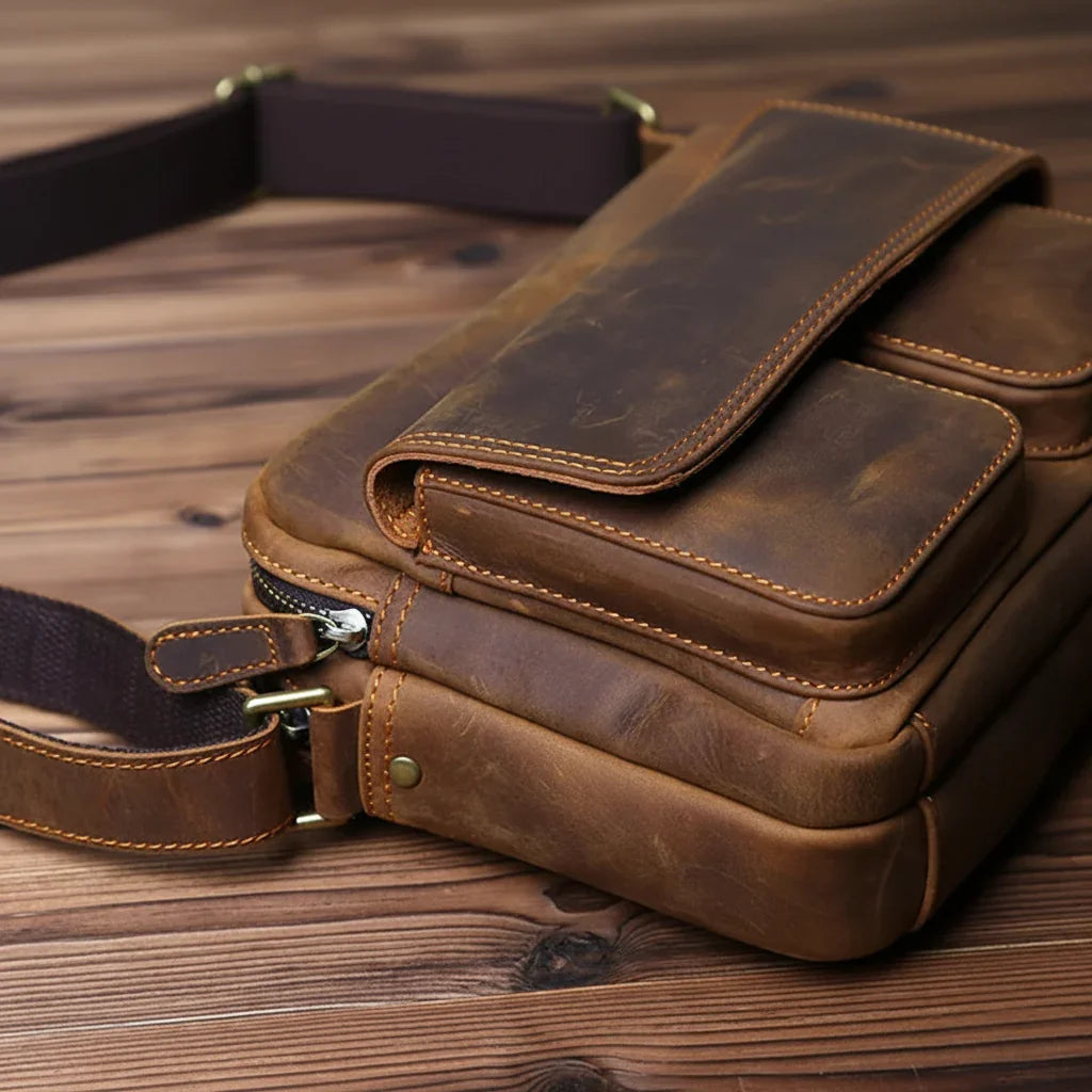 Men’s Leather Messenger Bag - Crazy Horse Multi-Pocket Carry