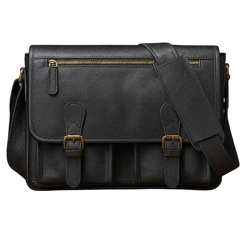 Men’s Leather Messenger Bag - Flap Front Pockets