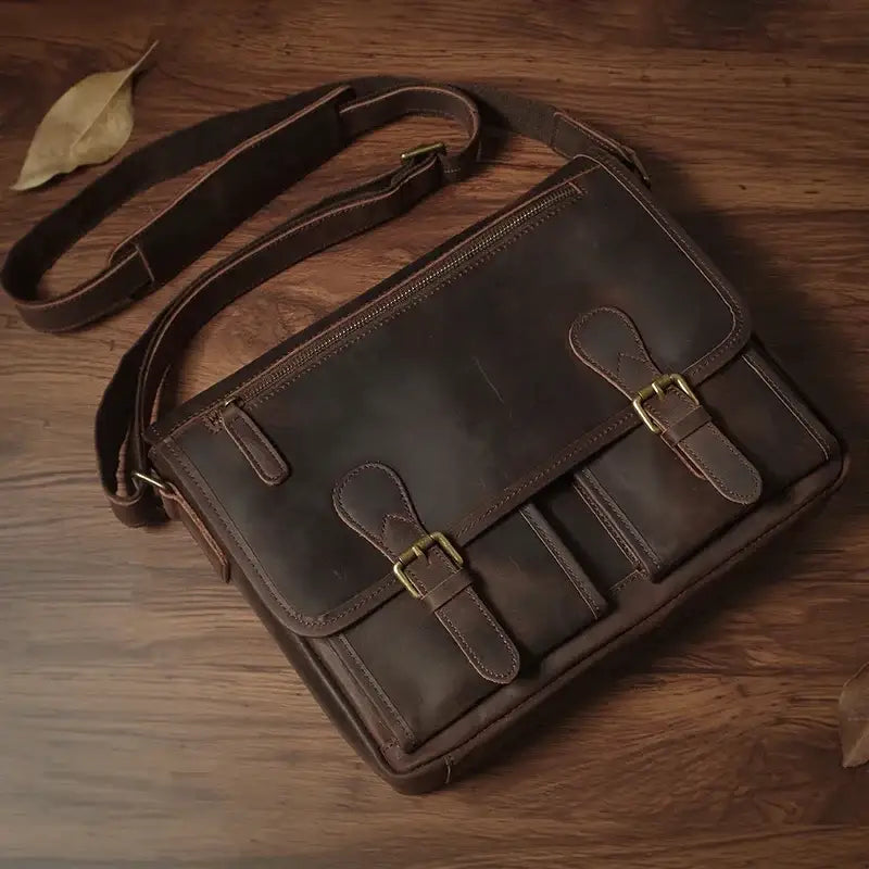 Men’s Leather Messenger Bag - Flap Front Pockets