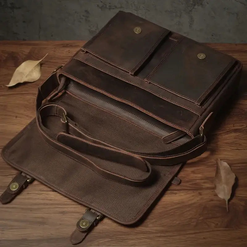 Men’s Leather Messenger Bag - Flap Front Pockets