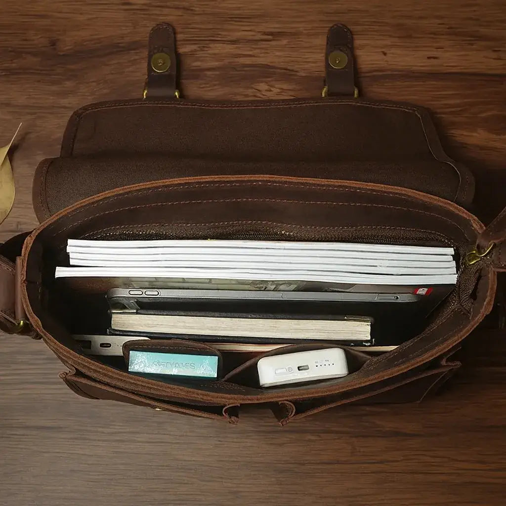 Men’s Leather Messenger Bag - Flap Front Pockets