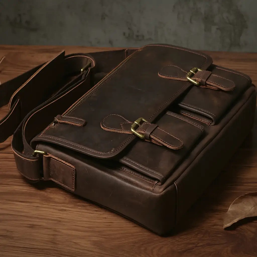 Men’s Leather Messenger Bag - Flap Front Pockets