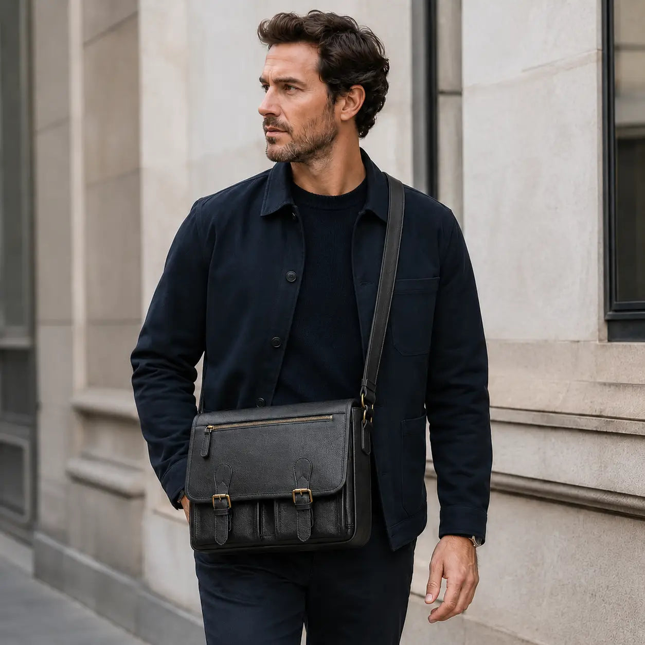 Men’s Leather Messenger Bag - Flap Front Pockets