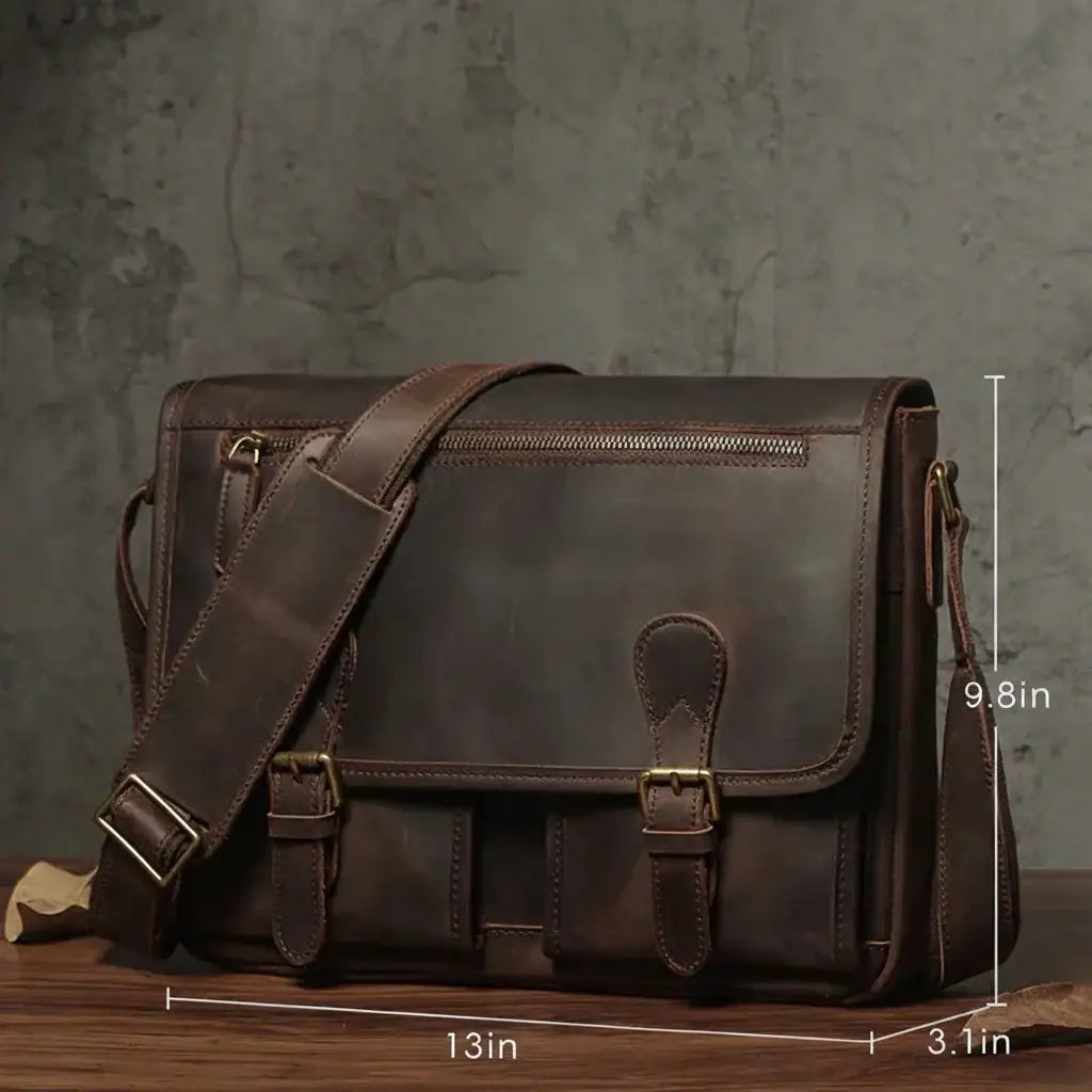 Men’s Leather Messenger Bag - Flap Front Pockets
