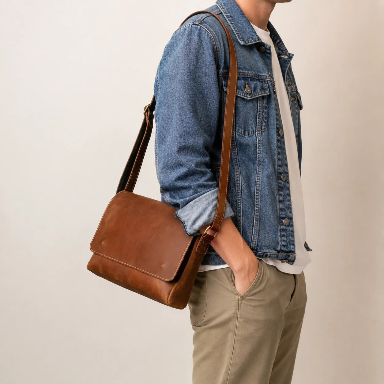 Men’s Leather Messenger Bag - Vintage Flap Work Bag