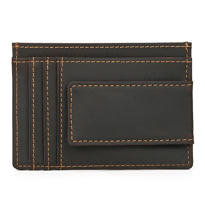 Black leather wallet with orange stitching on a white background