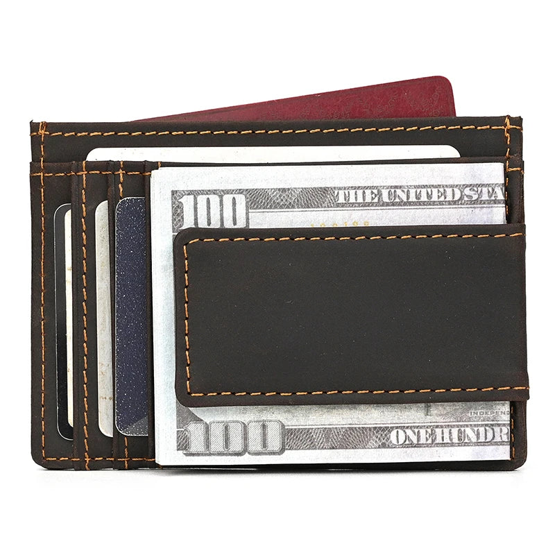 Black leather wallet with money and cards on a white background