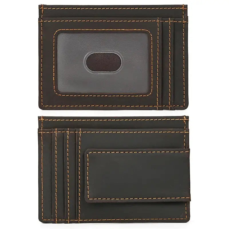 Men’s Leather Money Clip Wallet – Slim Front Pocket Carry - Black brown