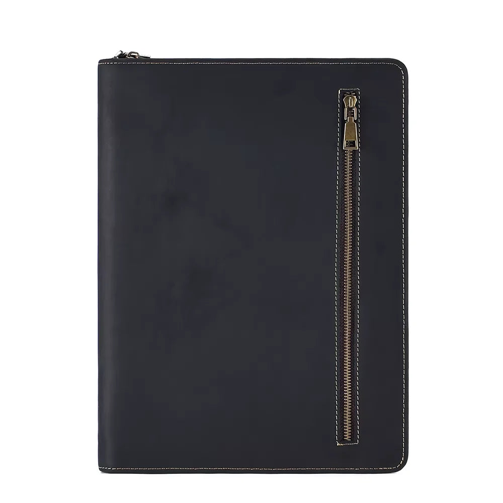 Men’s Leather Padfolio - Zippered Business Organizer - Black