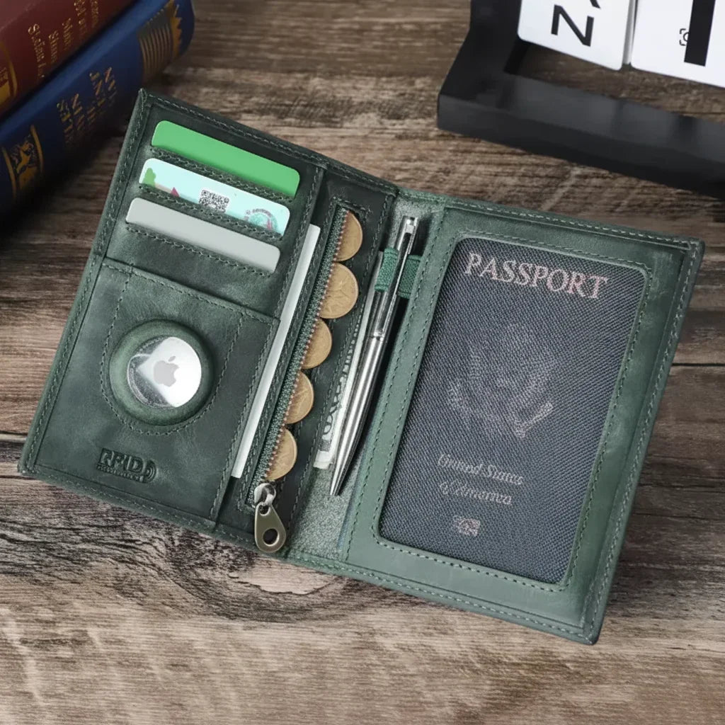 Men’s Leather Passport Holder - RFID Blocking Card & Coin Wallet
