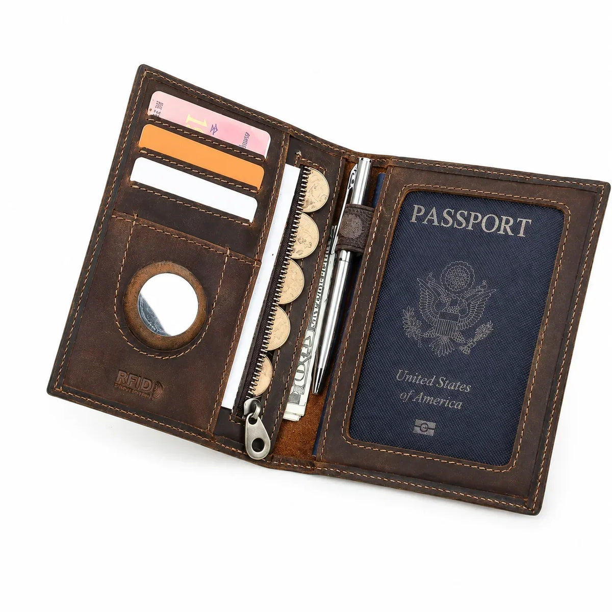 Men’s Leather Passport Holder - RFID Blocking Card & Coin Wallet
