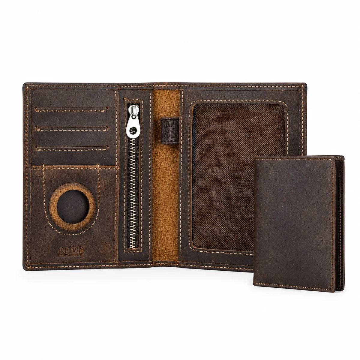 Men’s Leather Passport Holder - RFID Blocking Card & Coin Wallet - Coffee