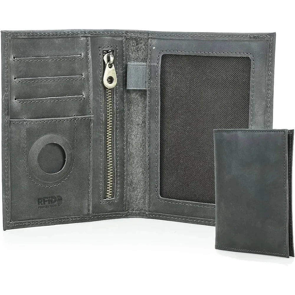 Men’s Leather Passport Holder - RFID Blocking Card & Coin Wallet - Gray