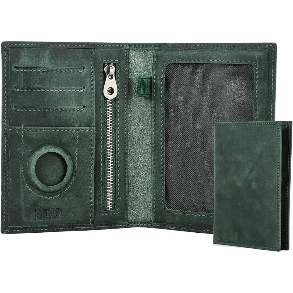 Men’s Leather Passport Holder - RFID Blocking Card & Coin Wallet - Green