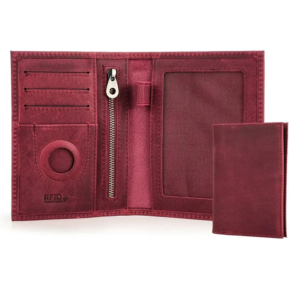 Men’s Leather Passport Holder - RFID Blocking Card & Coin Wallet - Red