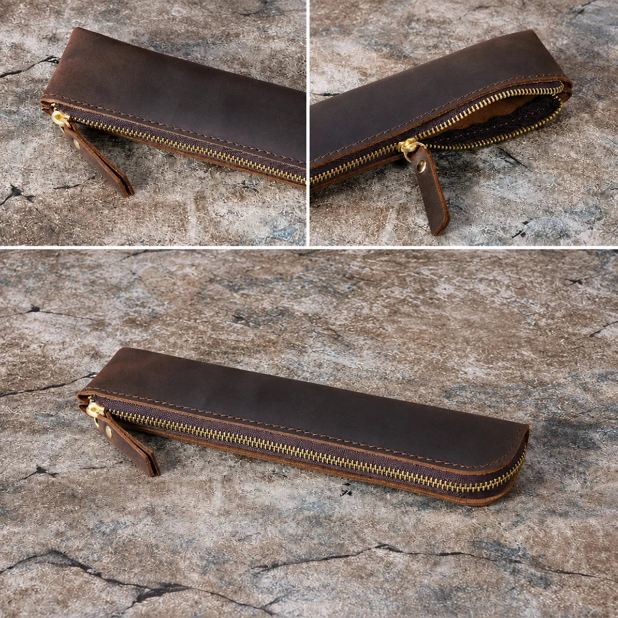 Men’s Leather Pen Case - Vintage Zip Pouch