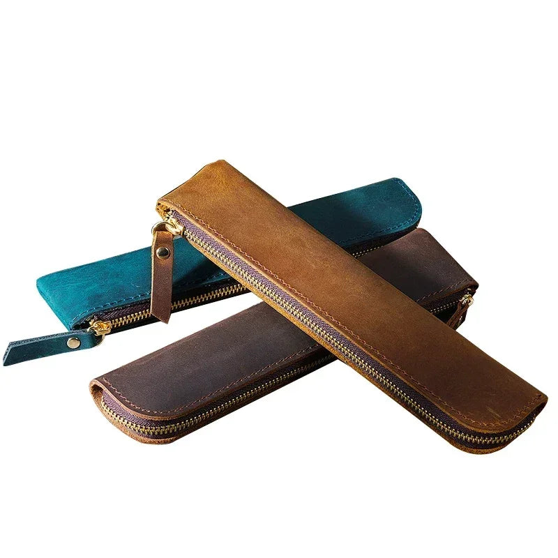 Men’s Leather Pen Case - Vintage Zip Pouch