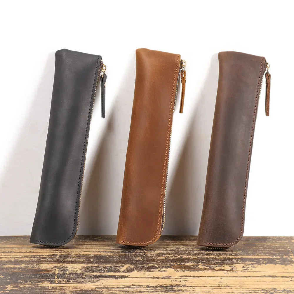 Men’s Leather Pen Case - Vintage Zip Pouch