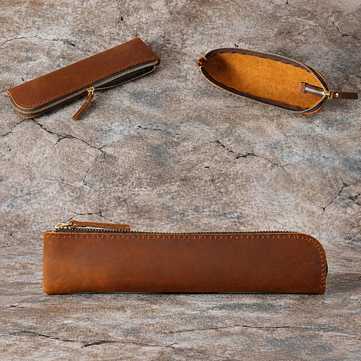 Men’s Leather Pen Case - Vintage Zip Pouch