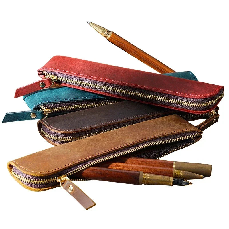 Men’s Leather Pen Case - Vintage Zip Pouch