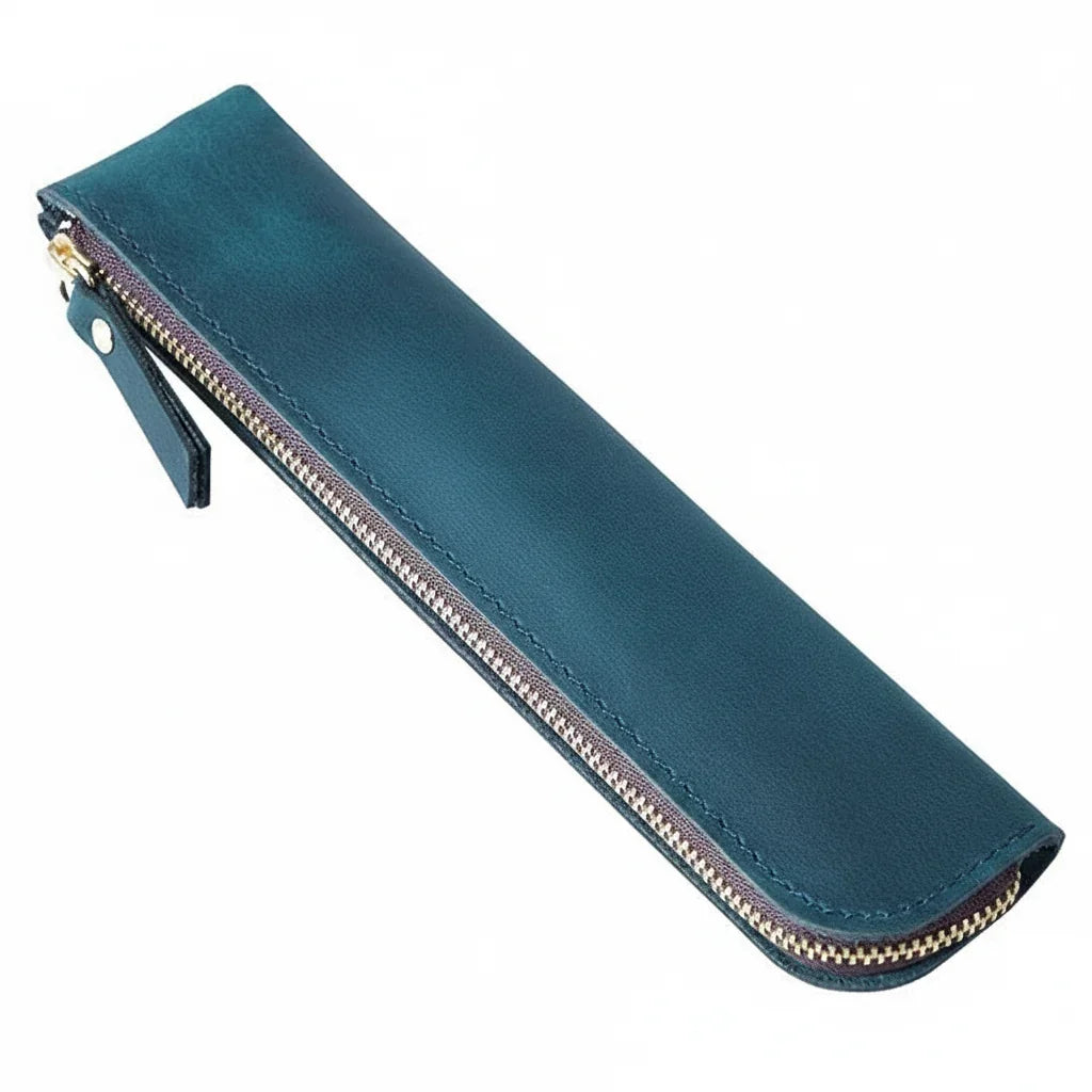 Men’s Leather Pen Case - Vintage Zip Pouch - Blue