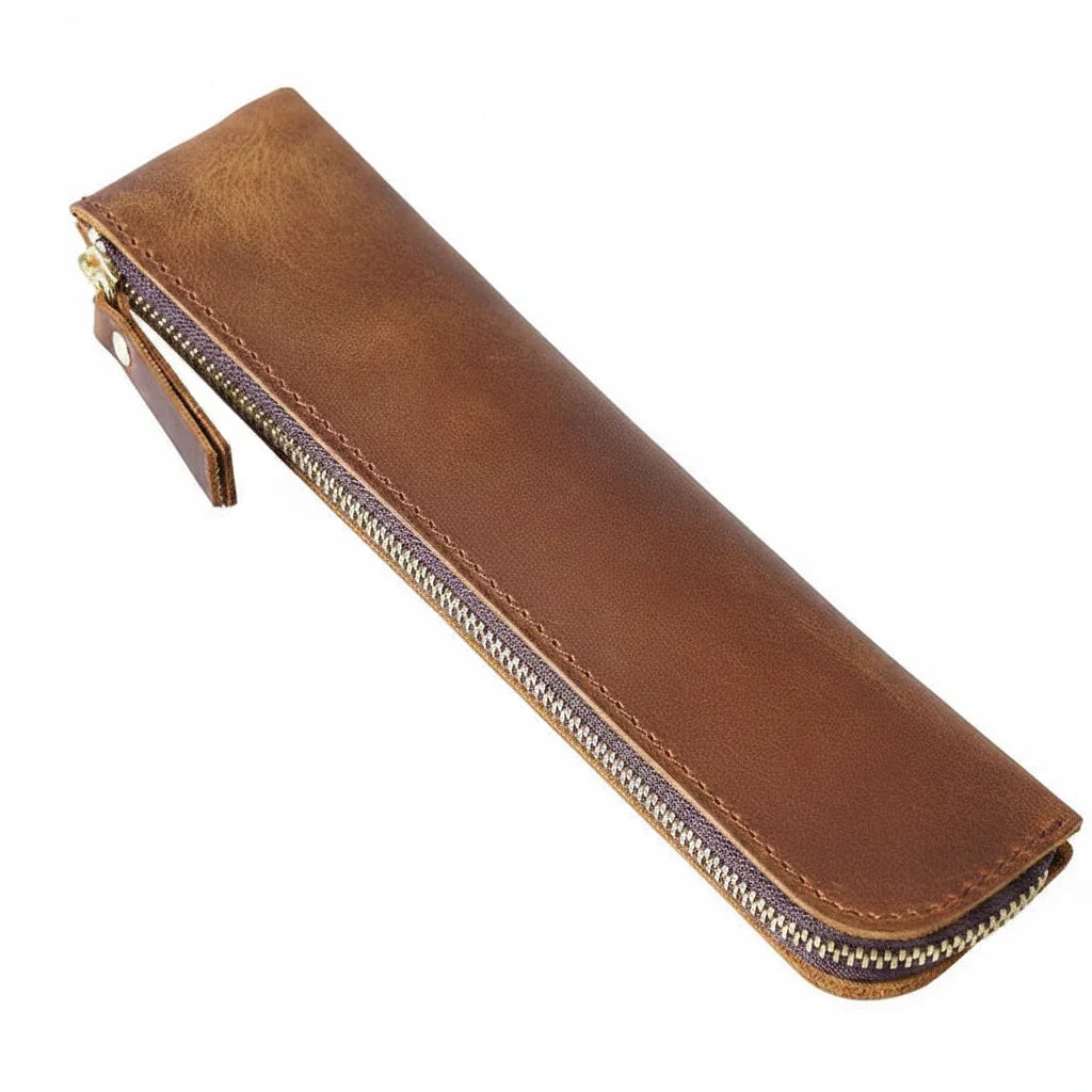 Men’s Leather Pen Case - Vintage Zip Pouch - Brown