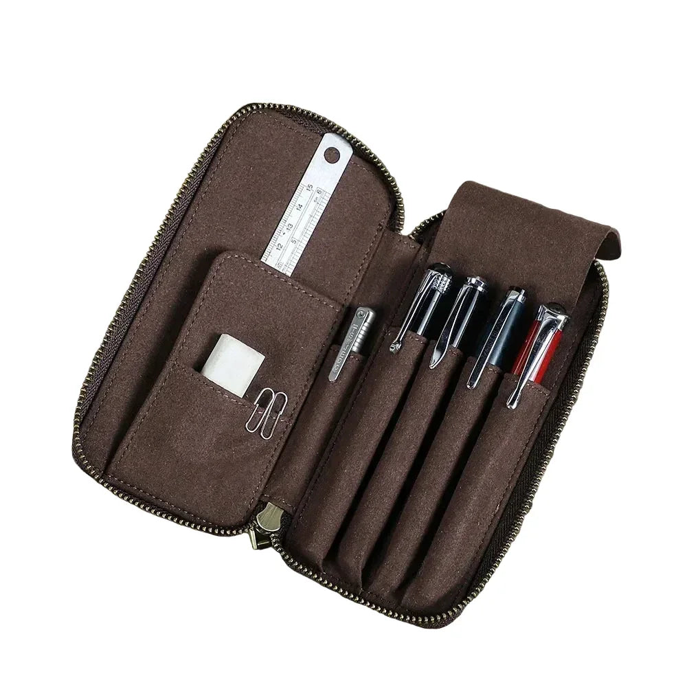 Men’s Leather Pencil Case - 4-Slot Zip Pouch with Card Holder