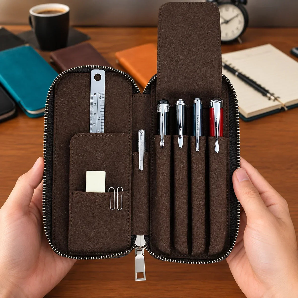 Men’s Leather Pencil Case - 4-Slot Zip Pouch with Card Holder