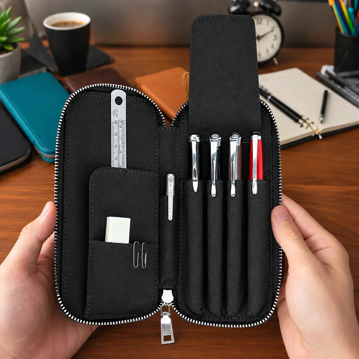 Men’s Leather Pencil Case - 4-Slot Zip Pouch with Card Holder